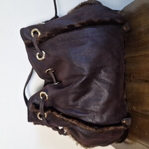 Loft Brown Suede Shearling Bucket Cinch Bag